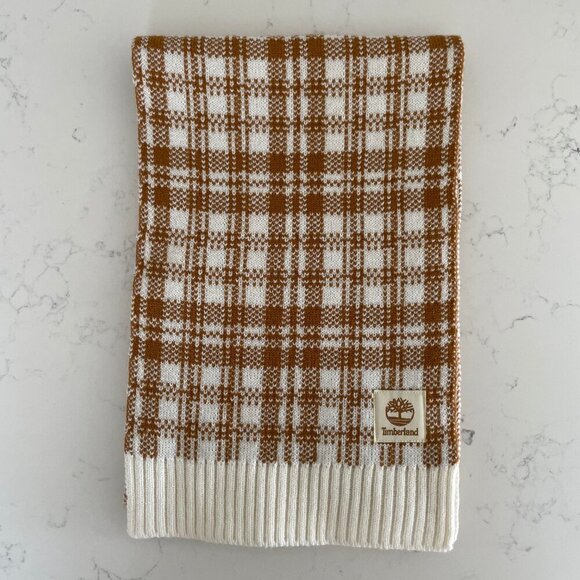Timberland Cozy Plaid 100% Acrylic Knit Scarf Cream & Caramel Brown Sz OS - Picture 3 of 8